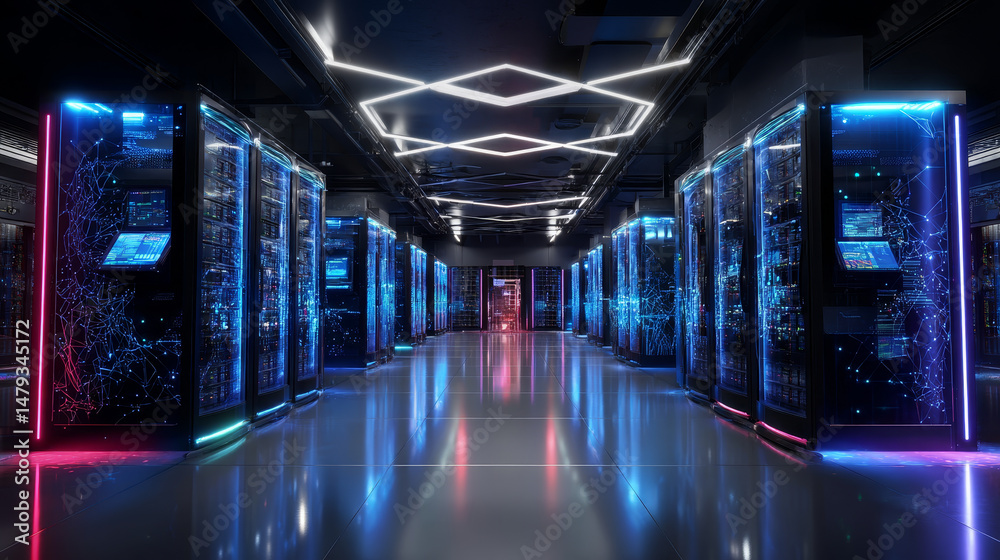 Poster data center or server room with servers of information cloud storage. dark datacenter with light of 