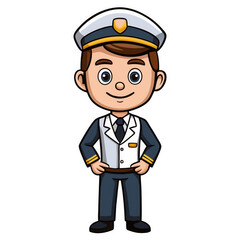 Charming and friendly airline pilot standing on white background