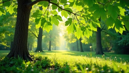 Obraz premium Sunlight dappling beech leaves, fresh spring growth , overhead, sunlight, spring