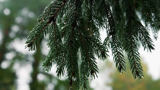 Close-up of pine tree branches covered in fresh rain, with soft-focus forest background. The vivid green needles glisten with moisture, showcasing the natural texture and detail of the evergreen folia