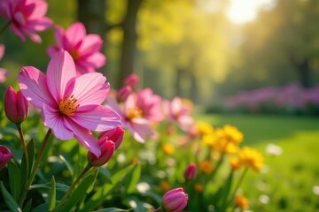 Vibrant spring blossoms in a lush garden, bursting with color , floral, springtime