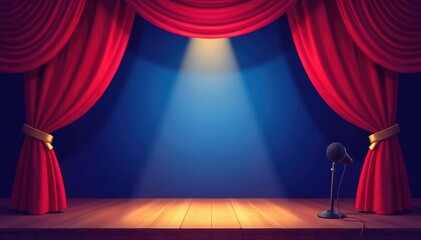 Vibrant stage clipart featuring theatrical curtains, spotlight, and microphone , illustration, velvet
