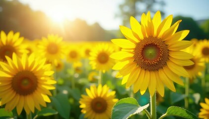 Fototapeta premium Vibrant sunflowers basking in summer sunlight, a field of golden blooms , detail, rural, flowers
