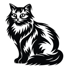 Majestic Longhair Cat Sitting Pretty in Black and White Graphic Design Illustration