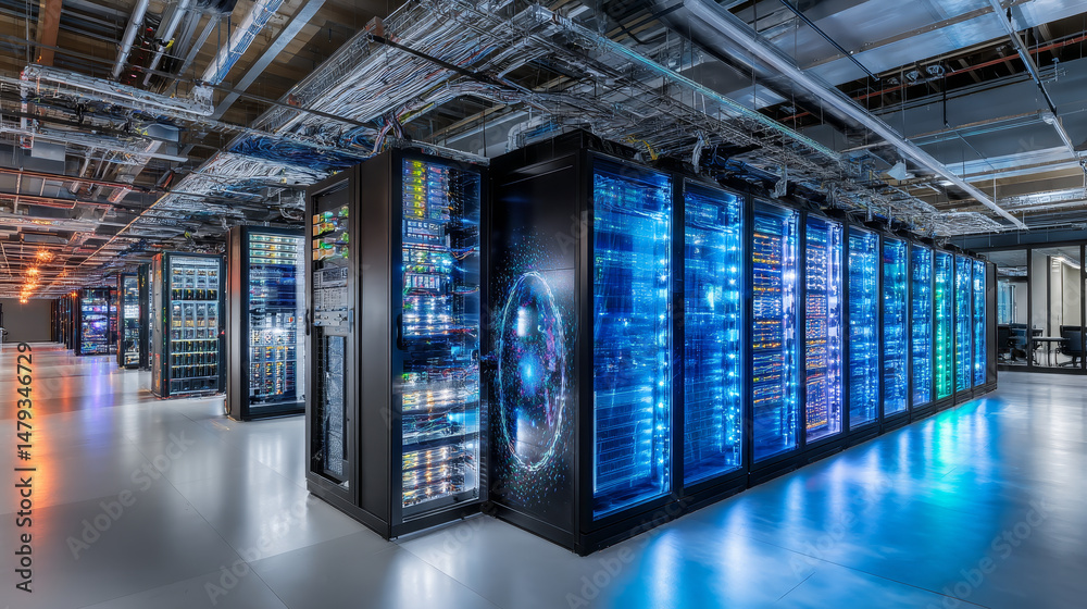 Poster data center. abstract digital warehouse. server room of clouds computing technology. server farm com