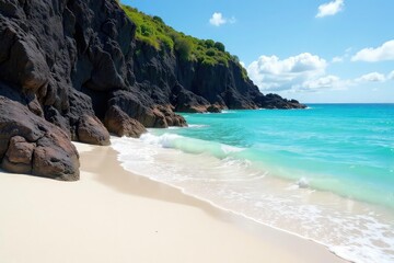 Volcanic rock meets white sand beach, gentle waves, hawaiian beach, Hawaii, textured