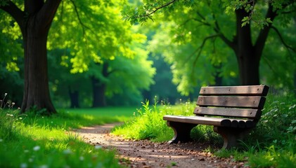 Wooden park bench, lush green foliage backdrop, garden, summer, wood grain