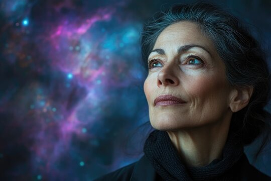 A woman gazes wistfully at a cosmic nebula, contemplating the vastness of space and the mysteries it holds.