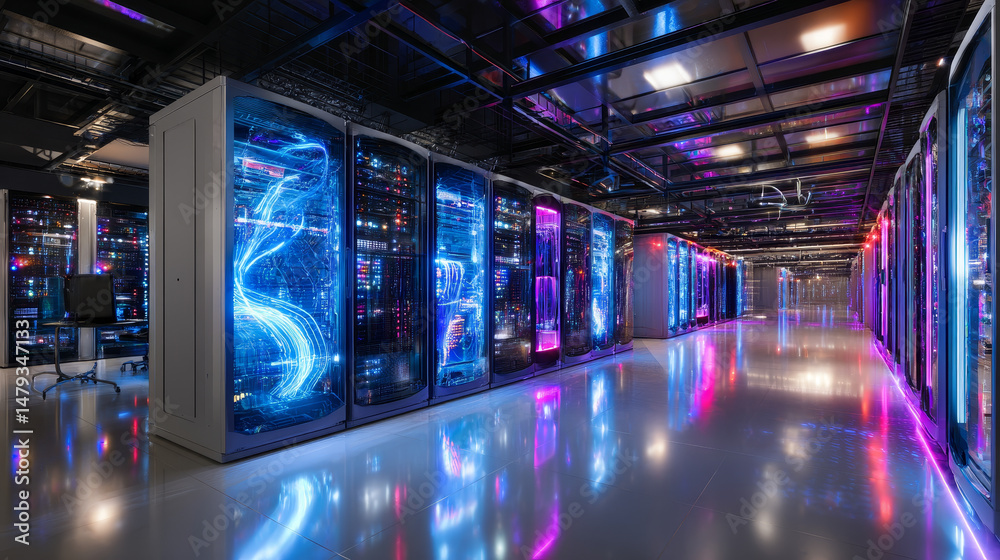 Poster data center. abstract digital warehouse. server room of clouds computing technology. server farm com