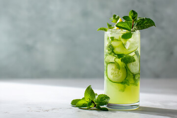 Refreshing cucumber mint drink served in a tall glass on a light surface