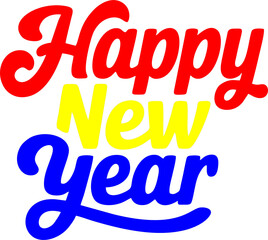 The phrase "Happy New Year" displayed in a retro, rounded script font with each word in a different vibrant color: "Happy" in red, "New" in yellow, and "Year" in blue, all on a white background