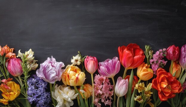 Colorful spring flowers on a chalkboard background.