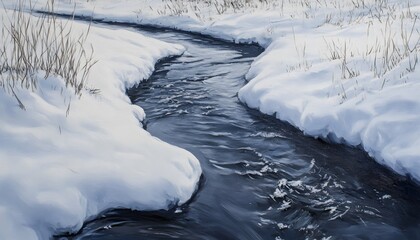 A tranquil winter stream meandering through snowy banks.