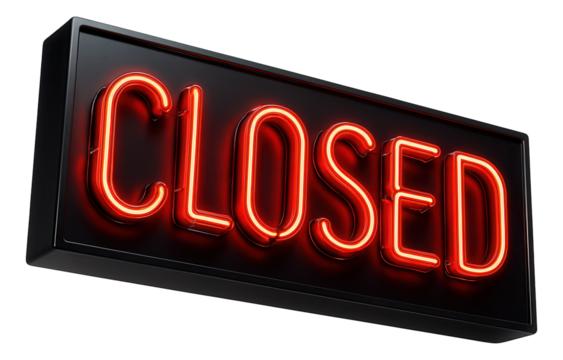 Illuminated red neon "CLOSED" sign in a black rectangular frame on transparent background. - Powered by Adobe