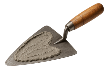 A metal masonry trowel with a wooden handle holding wet concrete shaped like a heart on transparent background.