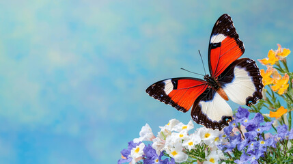 Lovely butterfly perched on colorful flowers, showcasing vibrant orange, black, and white wings against soft blue background