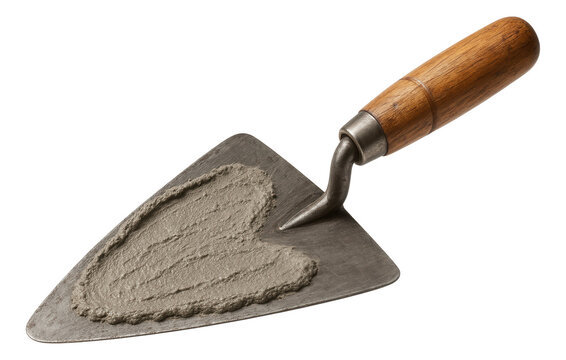 A metal masonry trowel with a wooden handle holding wet concrete shaped like a heart on transparent background.