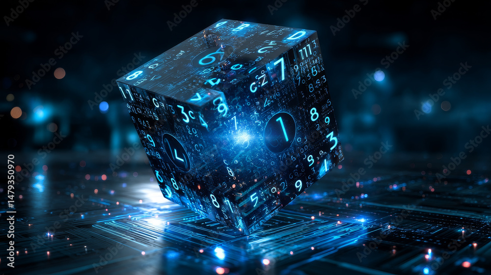 Aufkleber digital background. cube or box consists matrix of digits. block chain of abstract finance data, bus