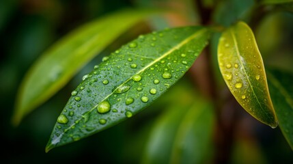 Fresh green leaf with glistening water droplets, a symbol of nature's delicate beauty
