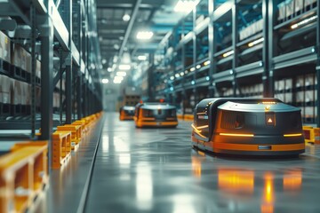 Automated warehouse robots moving down high-tech industrial aisle with racks of goods, illustrating modern logistics automation system in distribution center of future. Warehouse management concept.