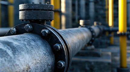 Industrial pipeline with metal fittings and bolts, showcasing detailed view of structure and materials used in construction