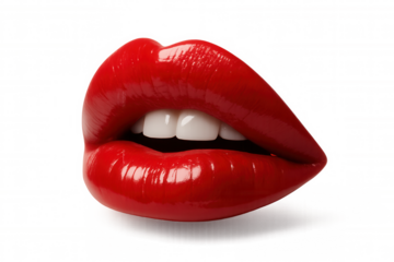 Glossy red lips slightly parted revealing white teeth on transparent background.