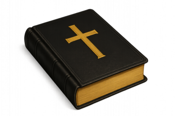 Black leather bible with ornate gold gilded edges and embossed cross on cover, isolated on transparent background.