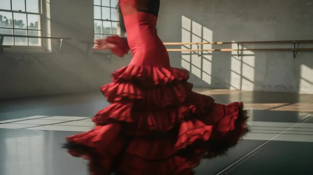 Passionate Flamenco Dancer in Red Dress Performing in a Sunlit Studio