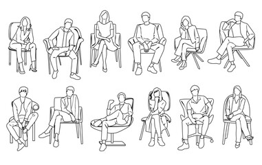 Vector silhouettes of men and women, business people,  sitting on chairs and armchairs, profile, hand draw, linear sketch, black and white color, isolated on white background