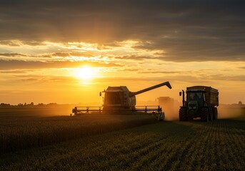 Fototapeta premium Combine and tractor working in a field during a golden sunset, harvesting crops on a farm