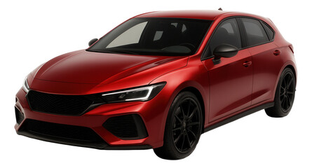 Naklejka premium Sleek red compact hatchback car with modern aerodynamic design and black alloy wheels on transparent background.