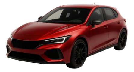 Sleek red compact hatchback car with modern aerodynamic design and black alloy wheels on transparent background.