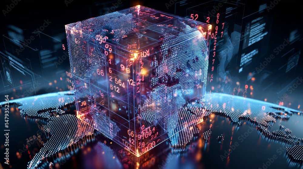 Fototapete Digital technology conceptual banner. Cube or block consists matrix of digits. Block chain of abstract data communication with world map through internet. Cloud computing, networking, shared access.