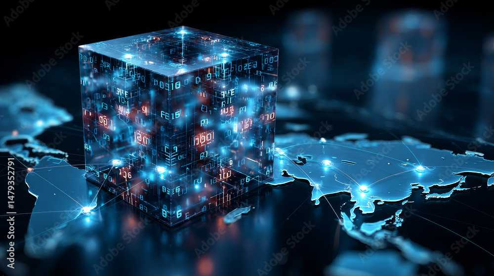 Fototapete digital technology conceptual banner. cube or block consists matrix of digits. block chain of abstra