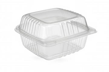 Transparent plastic clamshell container suitable for food storage and packaging on transparent background.