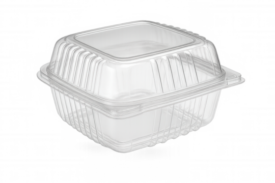 Transparent plastic clamshell container suitable for food storage and packaging on transparent background.