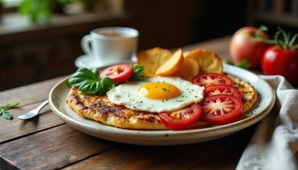 A hearty full English breakfast on a rustic table , english, tea