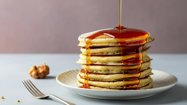 Delicious syrup pouring over fluffy pancake stack with steam rising