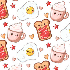 Kawaii fried eggs, toast with jam, hot cocoa, coffee character. Seamless pattern. Playful food for social media, kawaii character. Vector illustrations