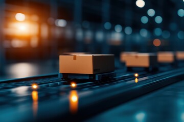 Automated robots transporting packages on a track in a high-tech warehouse, illustrating modern logistics, automation efficiency, and industrial technology.