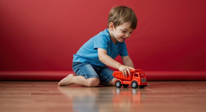 Young boy playing with toy truck on wooden floor against red wall  