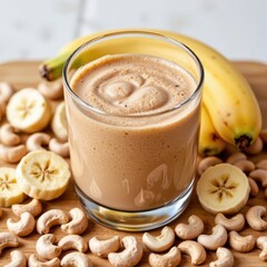 Refreshing banana cashew smoothie in glass surrounded by ripe bananas and cashew nuts on wooden surface for healthy breakfast or snack