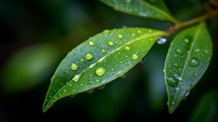 Fresh green leaf with glistening water droplets, a symbol of nature's delicate beauty
