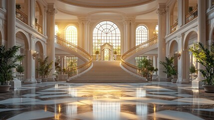 Fototapeta premium Grand, sunlit palace hall with ornate staircase