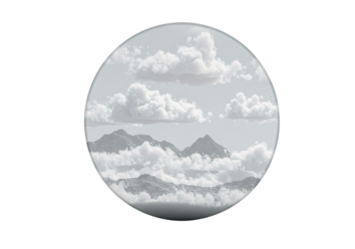 円形の中に雲と山々の風景 モノクロームの抽象的な自然景観 透明な背景デザイン
