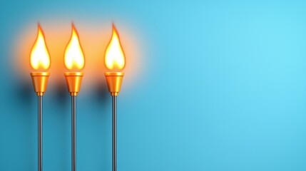 Three torches with bright flames stand against a clean blue background, symbolizing illumination and energy.