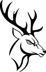 A bold black and white vector illustration of a deer head with large antlers, designed in a minimal yet expressive style.