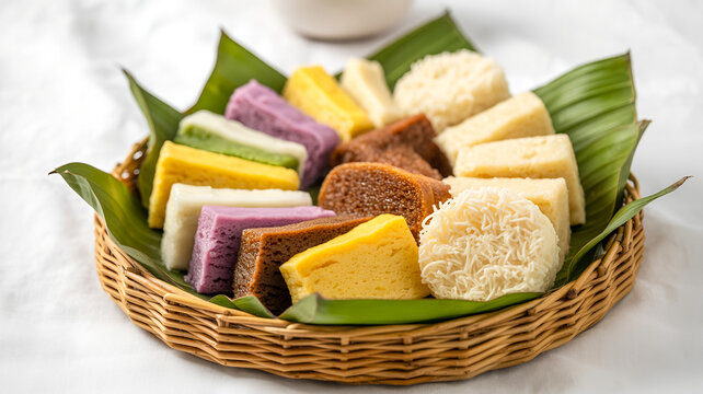 Beautifully arranged selection of traditional desserts placed on banana leaves in woven basket, offering vibrant colors and diverse flavors, great for cultural events or authentic culinary experiences