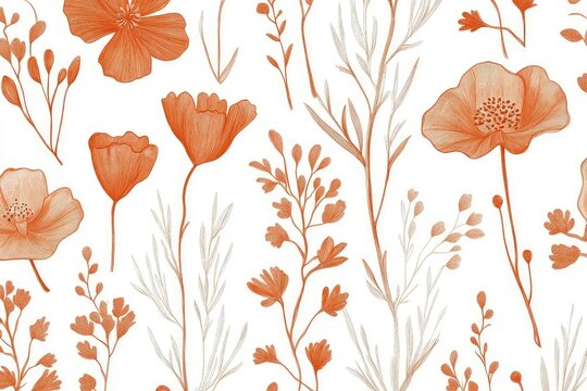 simple hand-drawn desert flowers and cacti, elegant terracotta outlines, seamless botanical