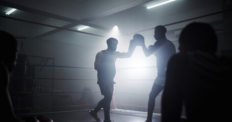 Help, team and fitness with men in boxing ring for sparring practice, boxer training and combat...